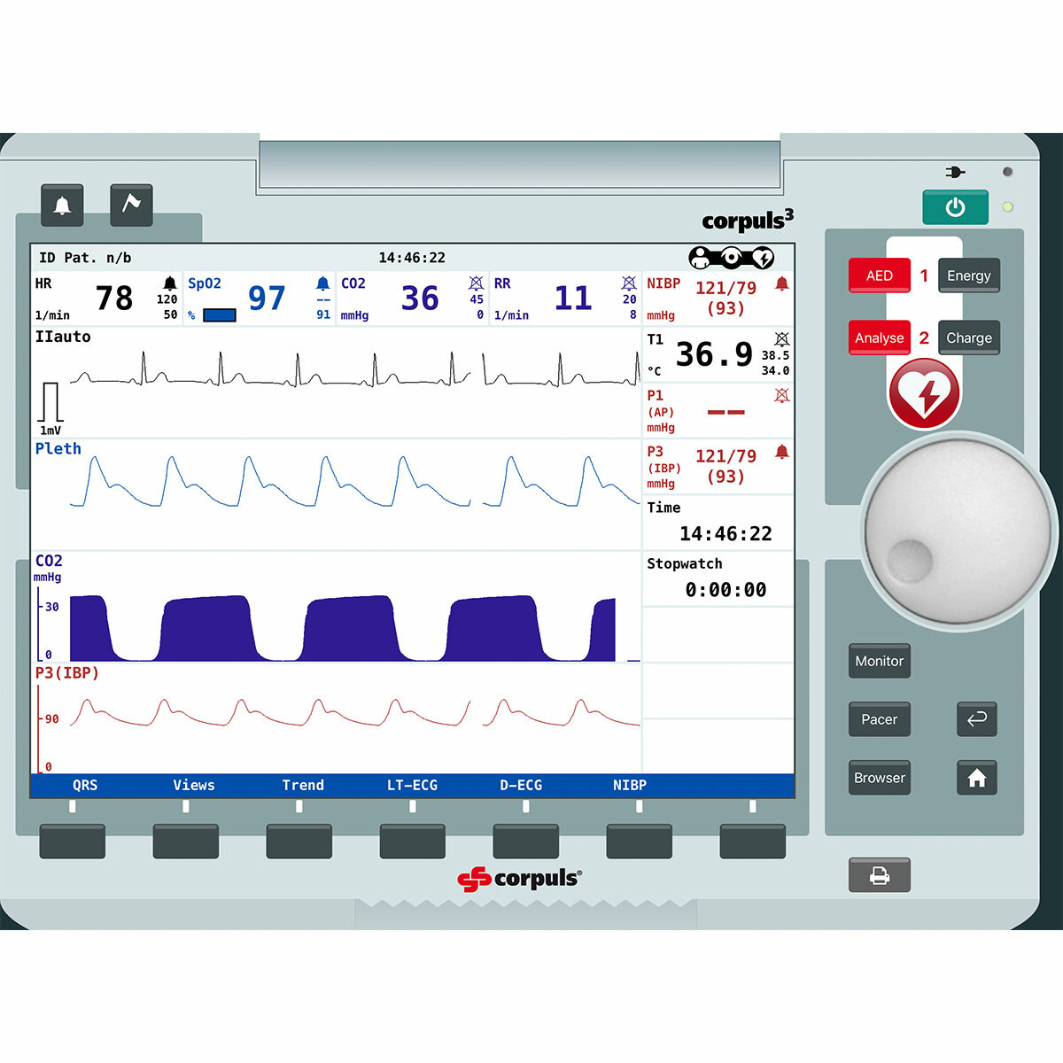 Simultor obrazovky pacientskho monitoru corpuls3 pro REALITi360